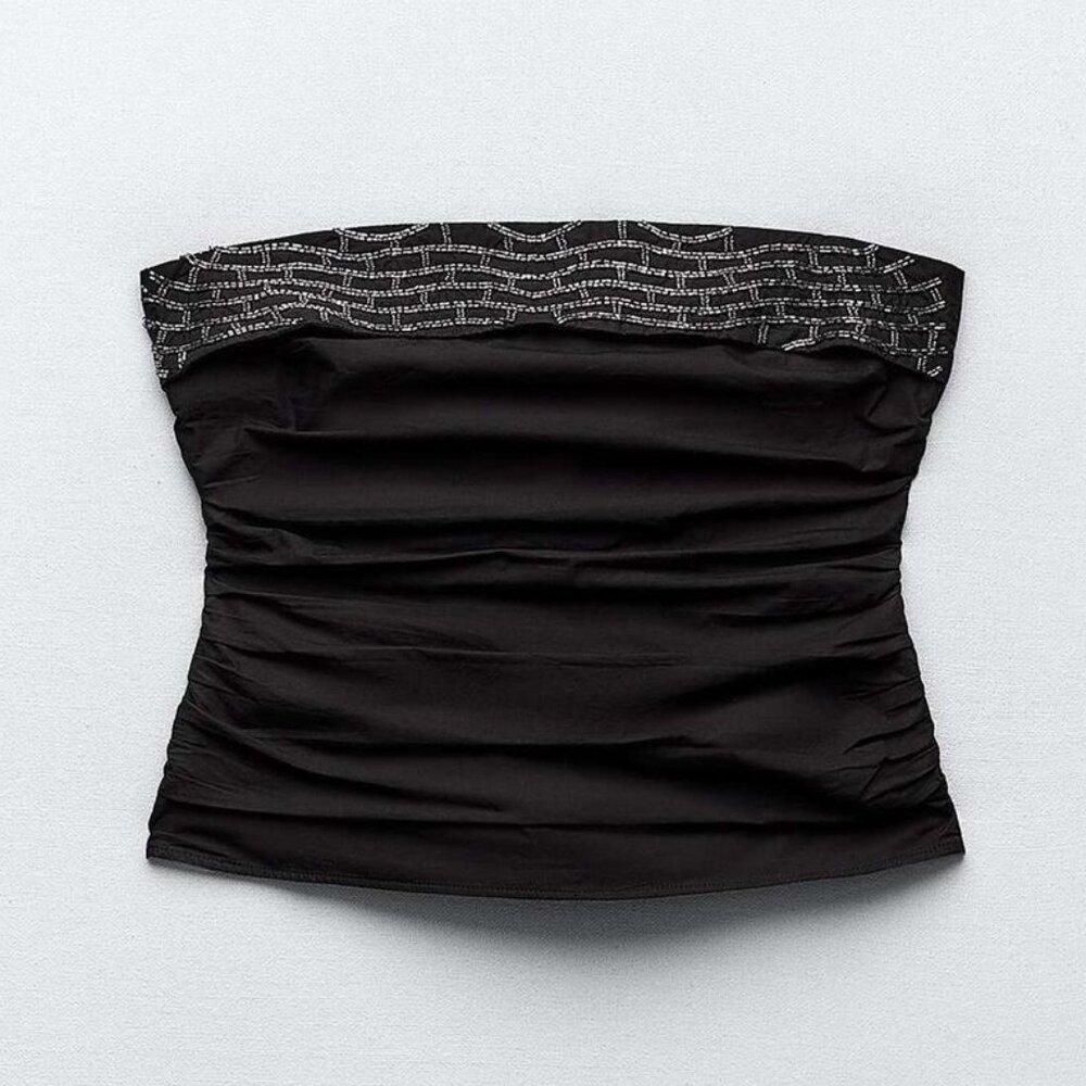 Zara Beaded Strapless Poplin Top - Black Size S NWT